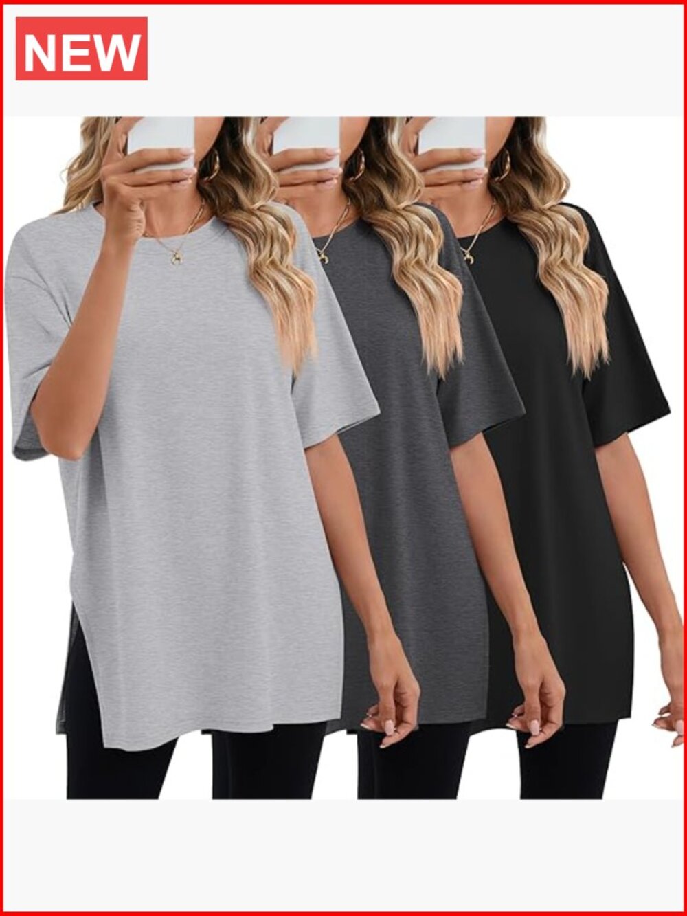 3 Pack Oversized Gym T Shirts Short Sleeve Side Split Crewneck Baggy Tee